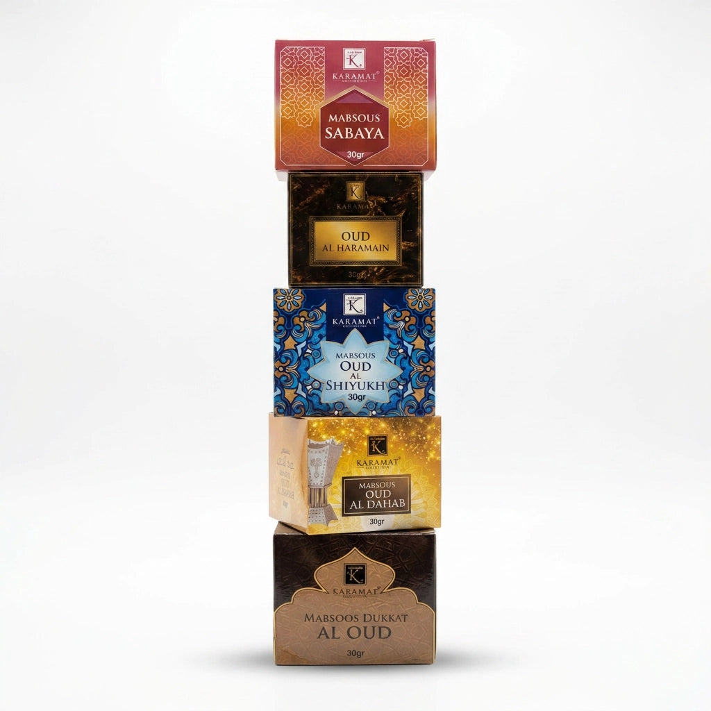 5 boites de Oud Karamat empilées