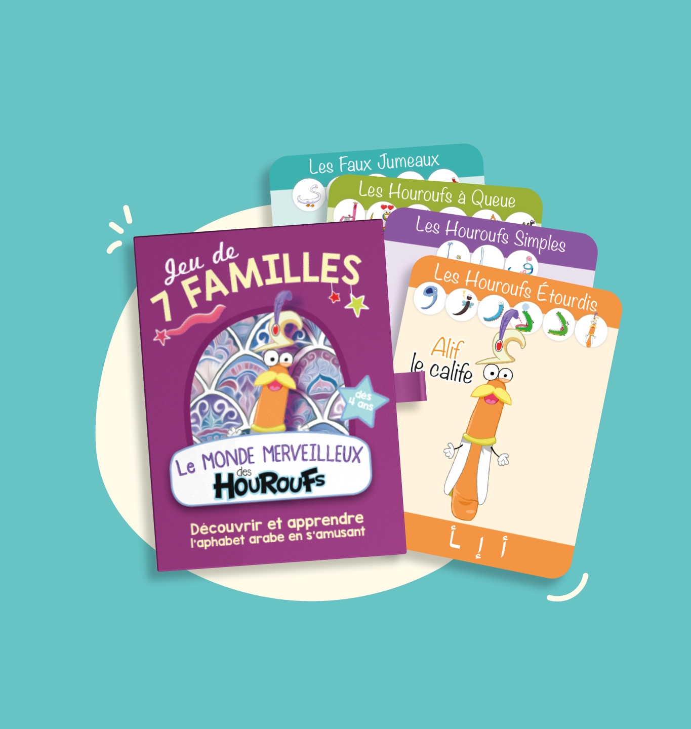 Jeu des 7 familles des Houroufs avec fond bleu
