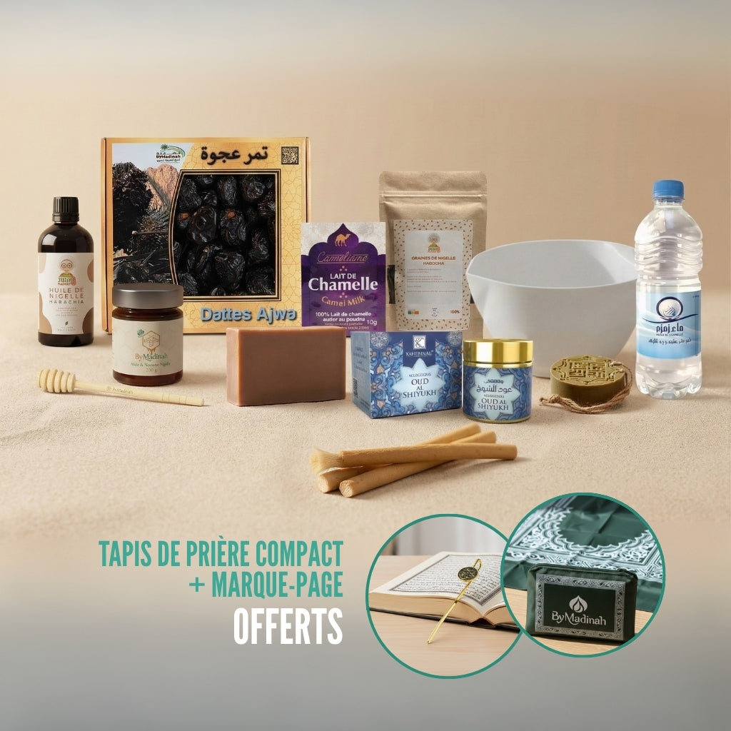 Coffret Sunnah Complet By Madinah avec dattes Ajwa, huile et graines de nigelle, miel, lait de chamelle, savon, oud, mudd, eau de Zamzam, siwaks, tapis de prière compact et marque-page offerts