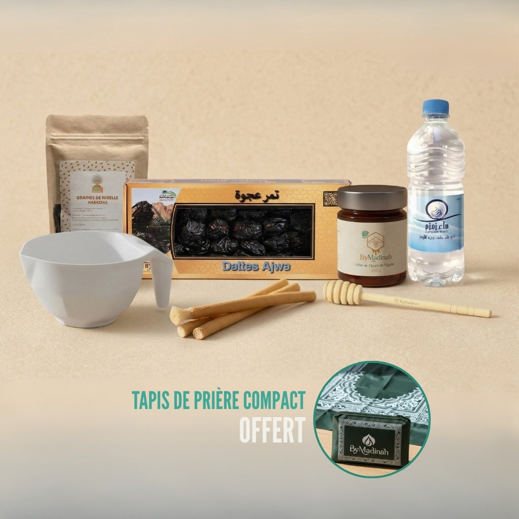 Coffret Sunnah Essentiel By Madinah avec mudd, dattes Ajwa, graines de nigelle, miel, eau de Zamzam, siwaks et tapis de prière compact offert