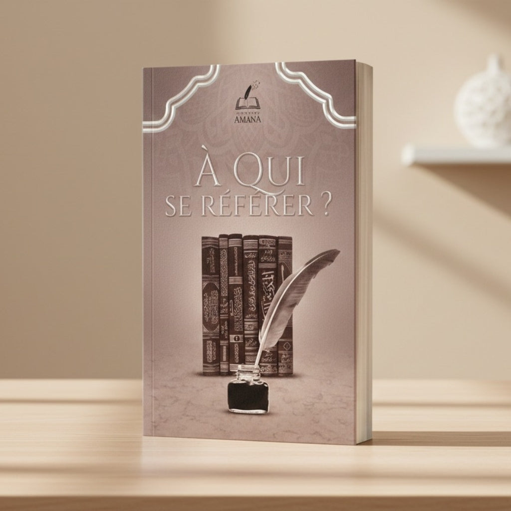 livre "À qui se référer" de l'institut Amana, posé debout sur une table.