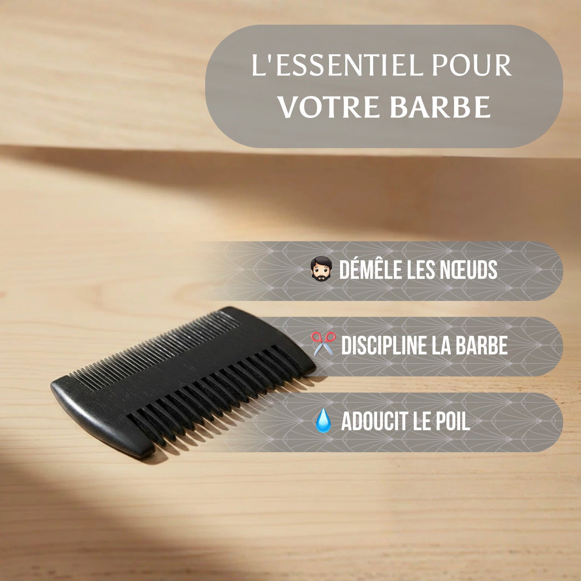 éléments marketing de la brosse à barbe posée sur une table