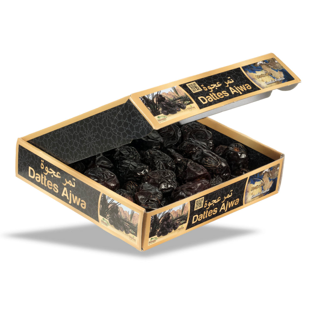 boite ouverte de dattes Ajwa 900g vue du côté