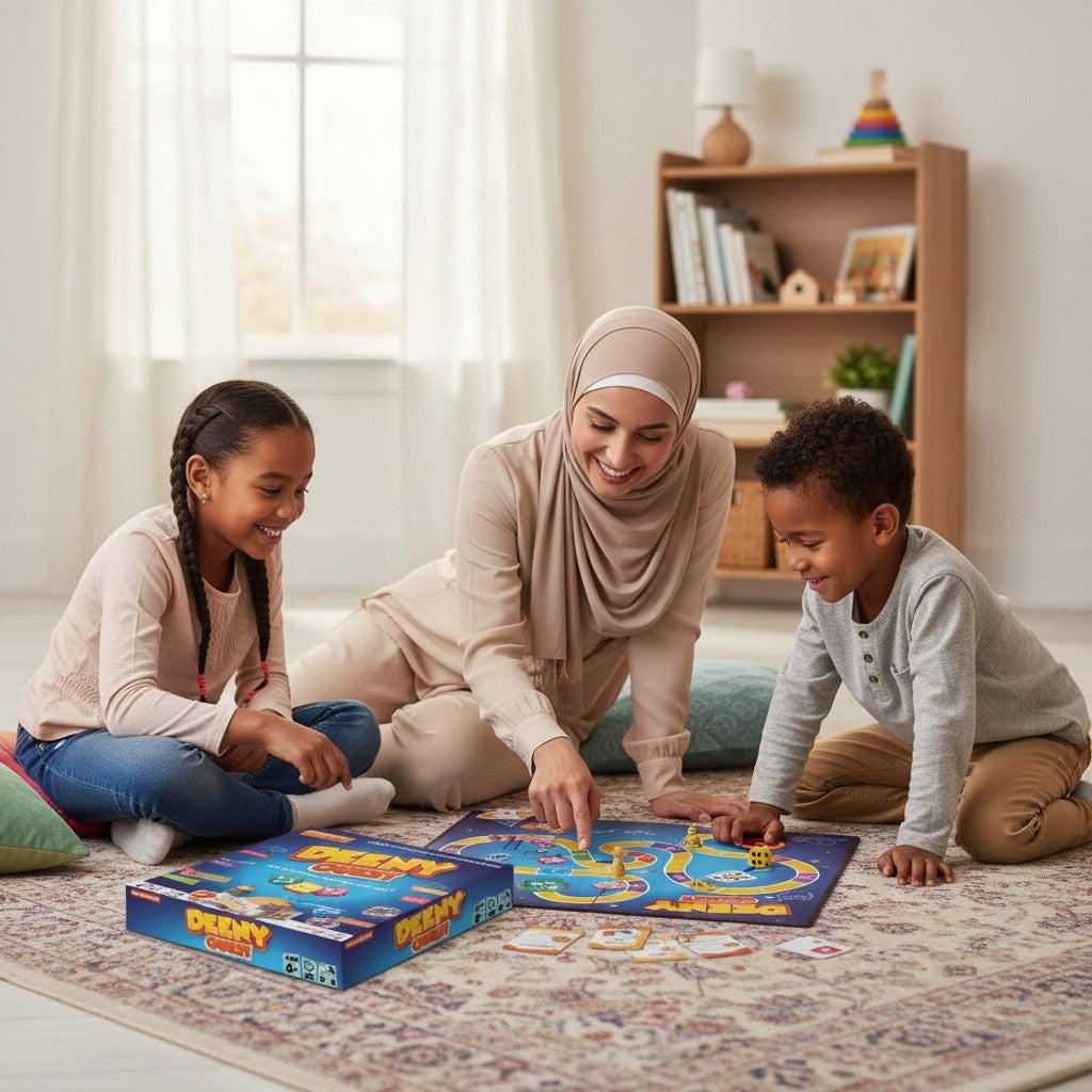 Une famille s'amusant autour du jeu de société éducatif Deeny Quest dans un salon chaleureux, favorisant l'apprentissage ludique en famille.