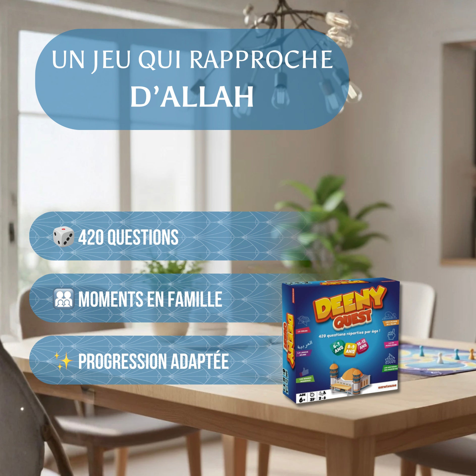 Jeu de société islamique Deeny Quest pour toute la famille avec 420 questions éducatives sur l'Islam.
