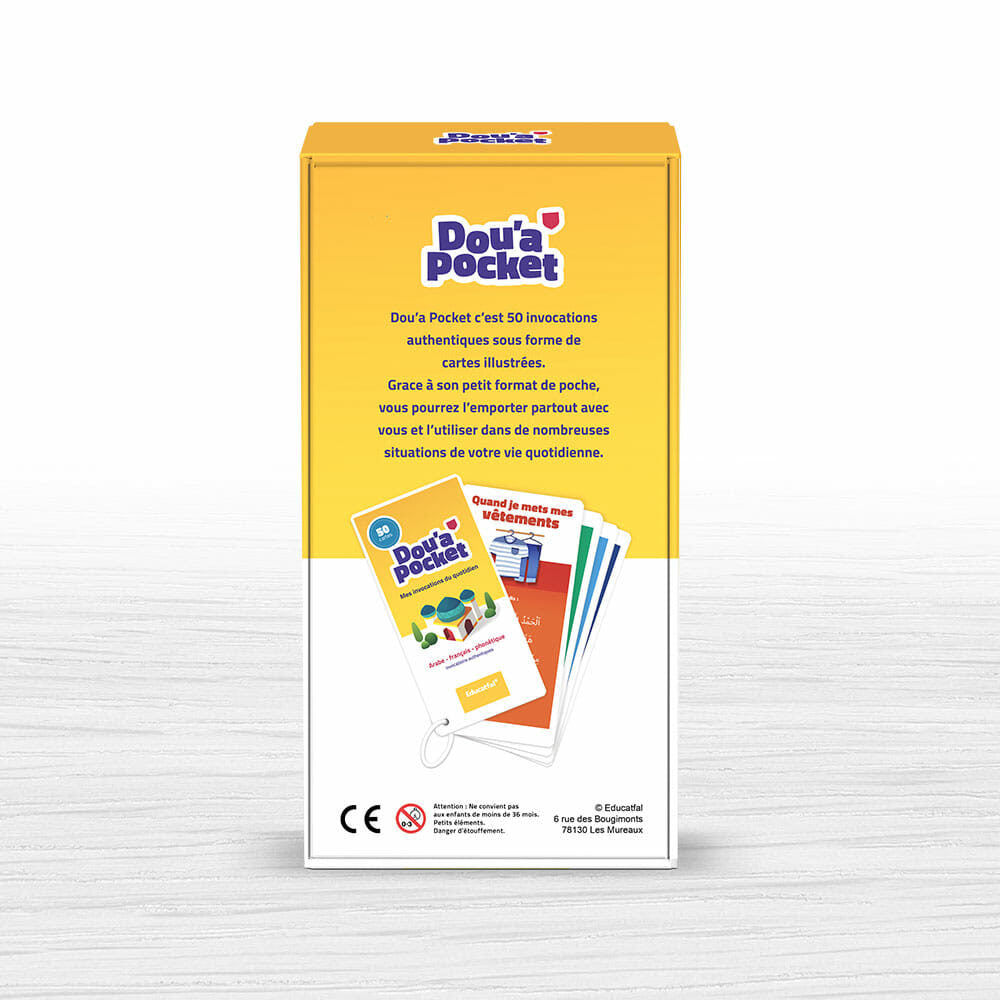 Dos du packaging de cartes d'invocations à dire au quotidien d'Educatfal en arabe français et phonétique