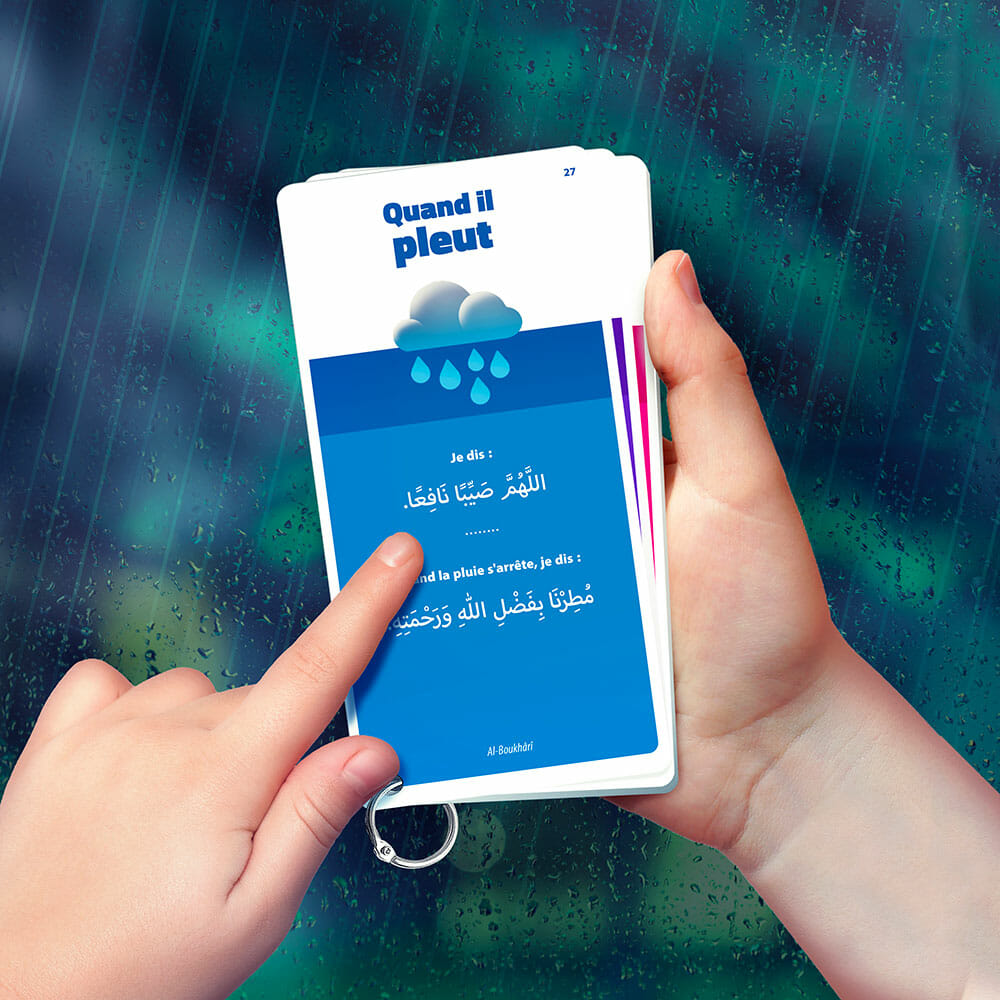 Exemple d'une carte d'invocation à dire quand il pleut d'Educatfal en arabe français et phonétique