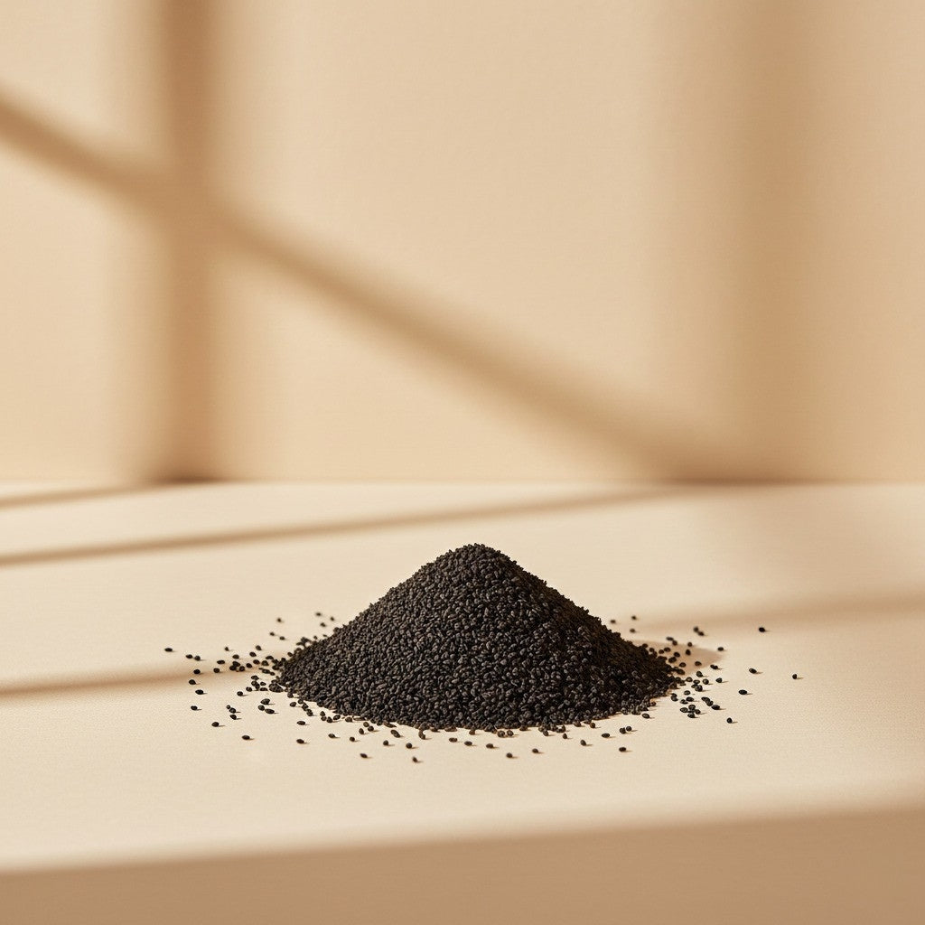 Petit tas de graines de nigelle (Habbatul Baraka) noires et pures sur un fond neutre, superaliment naturel aux multiples bienfaits santé.