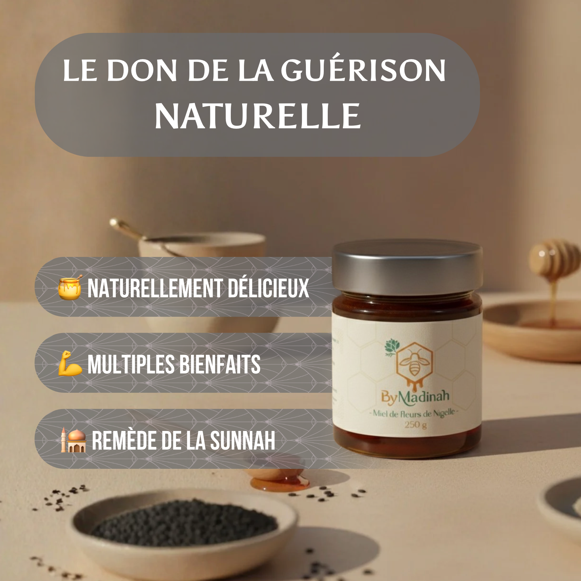 Pot de miel de nigelle de ByMadinah, remède naturel de la Sunnah aux multiples bienfaits pour la santé.