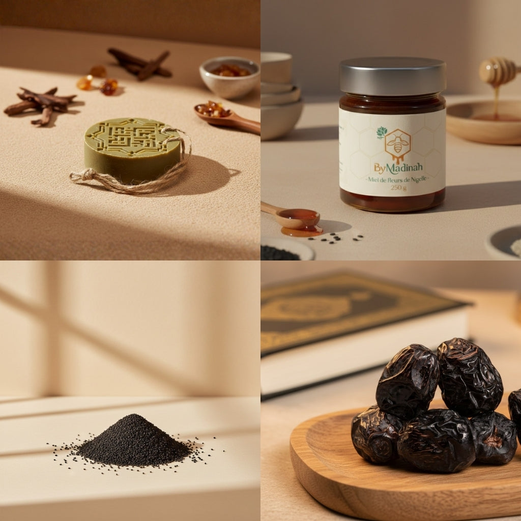 mosaïque comprenant les produits principaux de la box Madinah