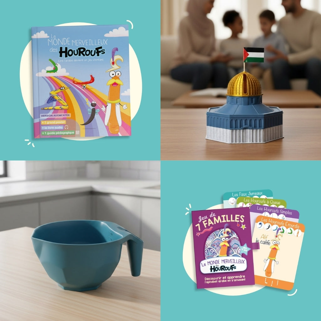 mosaïque comprenant les produits principaux du coffret Houroufs