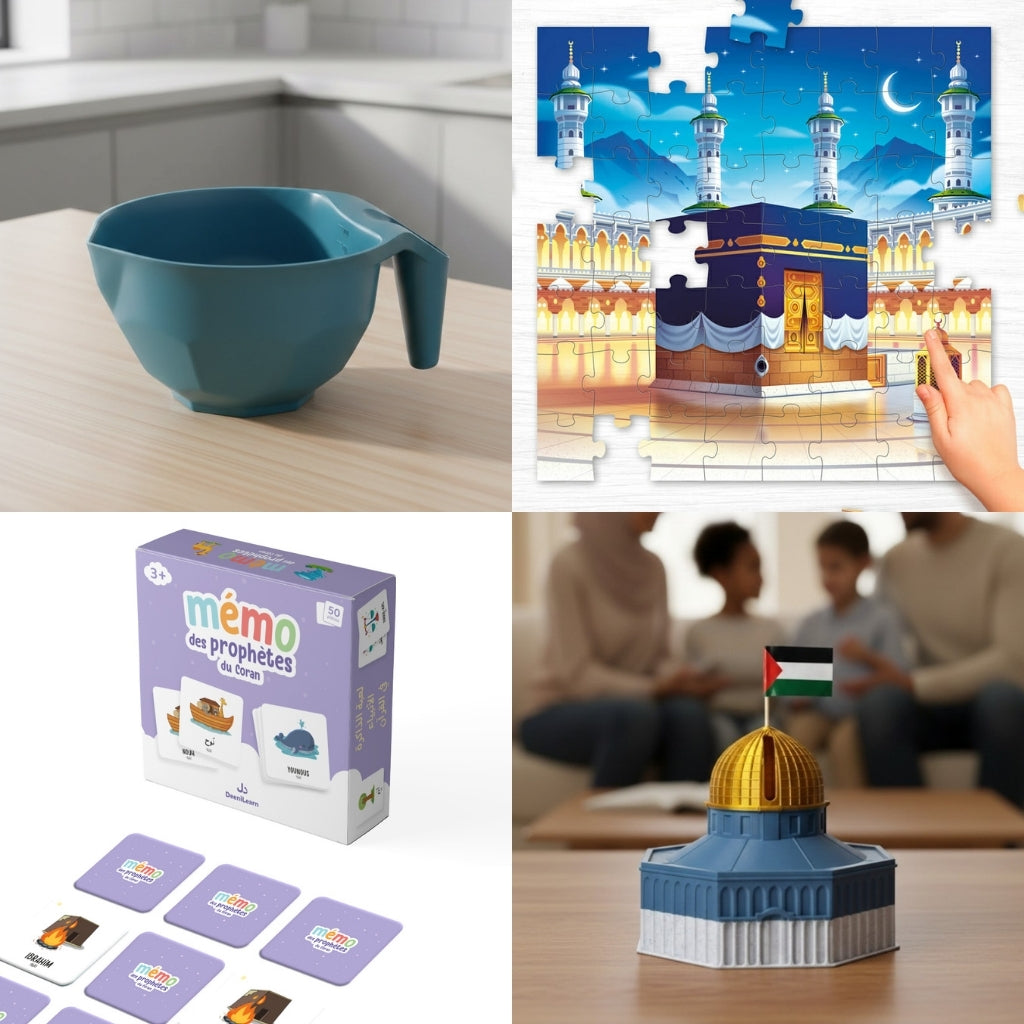 mosaïque comprenant les produits principaux du coffret mini-muslim