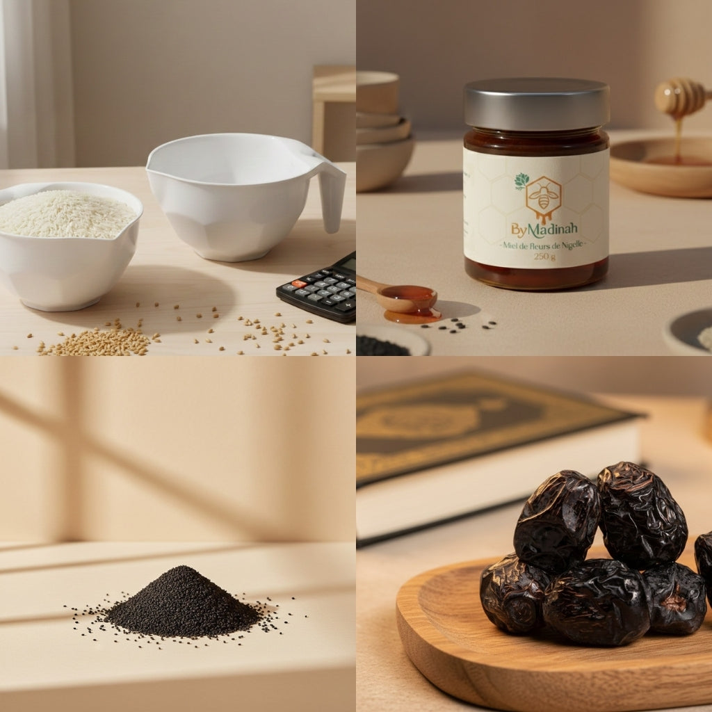 4 produits les plus importants du pack familial, le mudd, les dattes ajwa, le miel de nigelle et les graines de nigelle