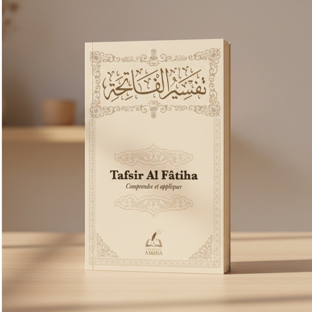 livre Tafsir de la sourate Al Fatiha de l'institut Amana, posé debout sur une table.