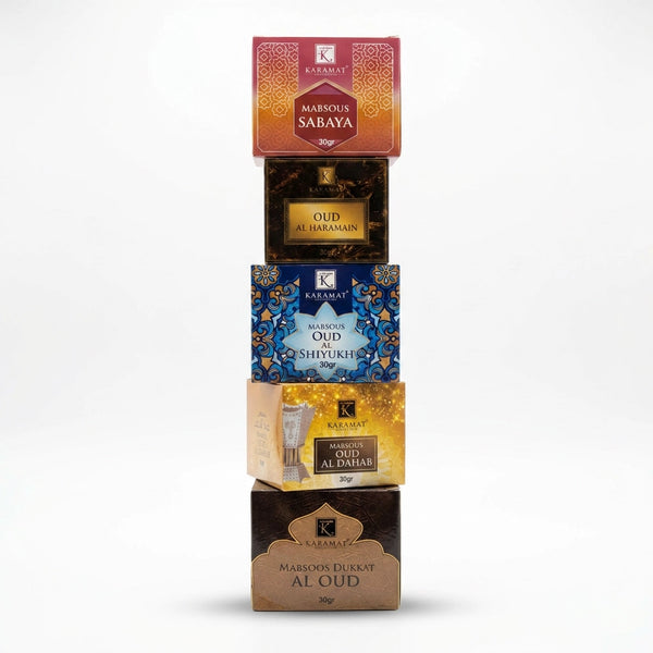 5 boites de Oud Karamat empilées