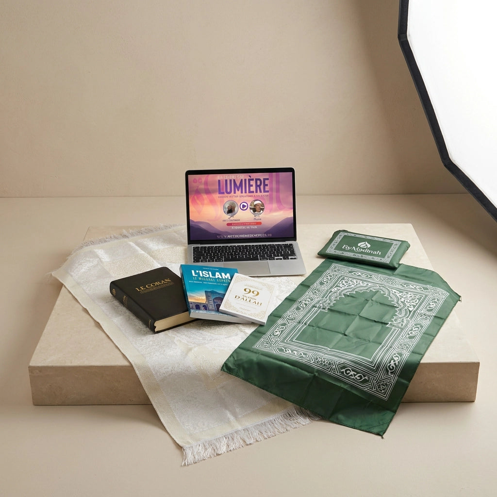coffret converti comprenant
Un tapis de prière blanc, Une formation en ligne "La prière est lumière", Un livre sur l'islam de Vincent Souleymane, Un Mushaf Coran arabe francais , Un livre pocket sur les 99 noms d'Allah, et un tapis de prière compact.
