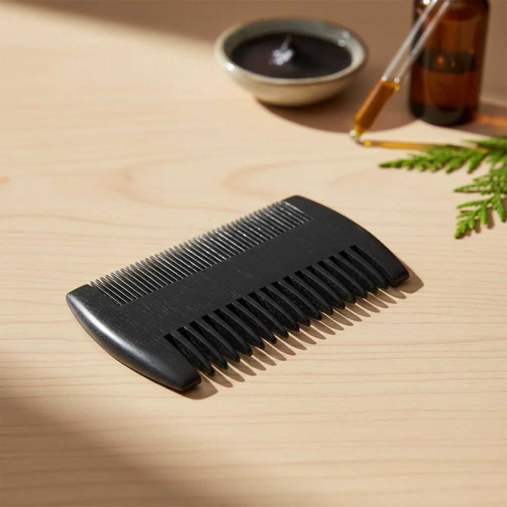 brosse à barbe posée sur une table avec une huile de barbe