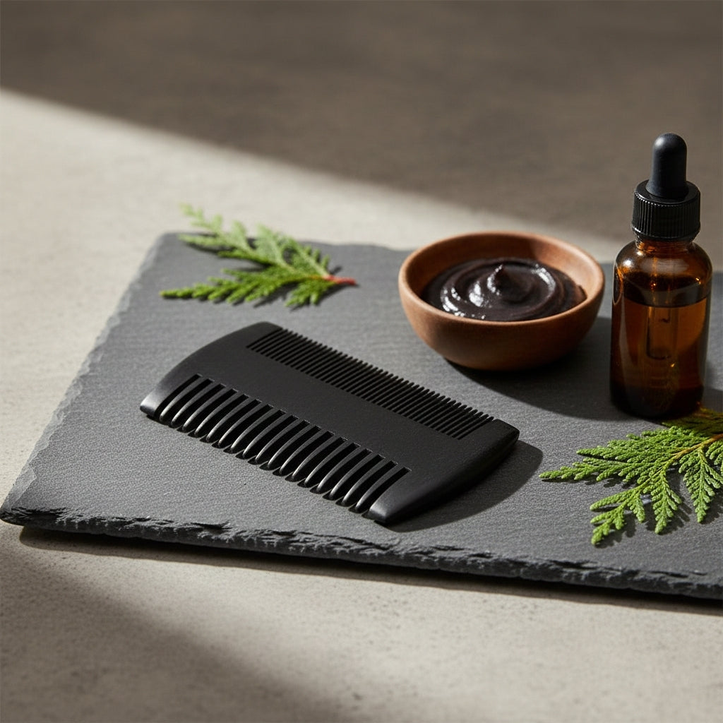 brosse à barbe posée sur une plaque d'ardoise avec de l'huile de ricin