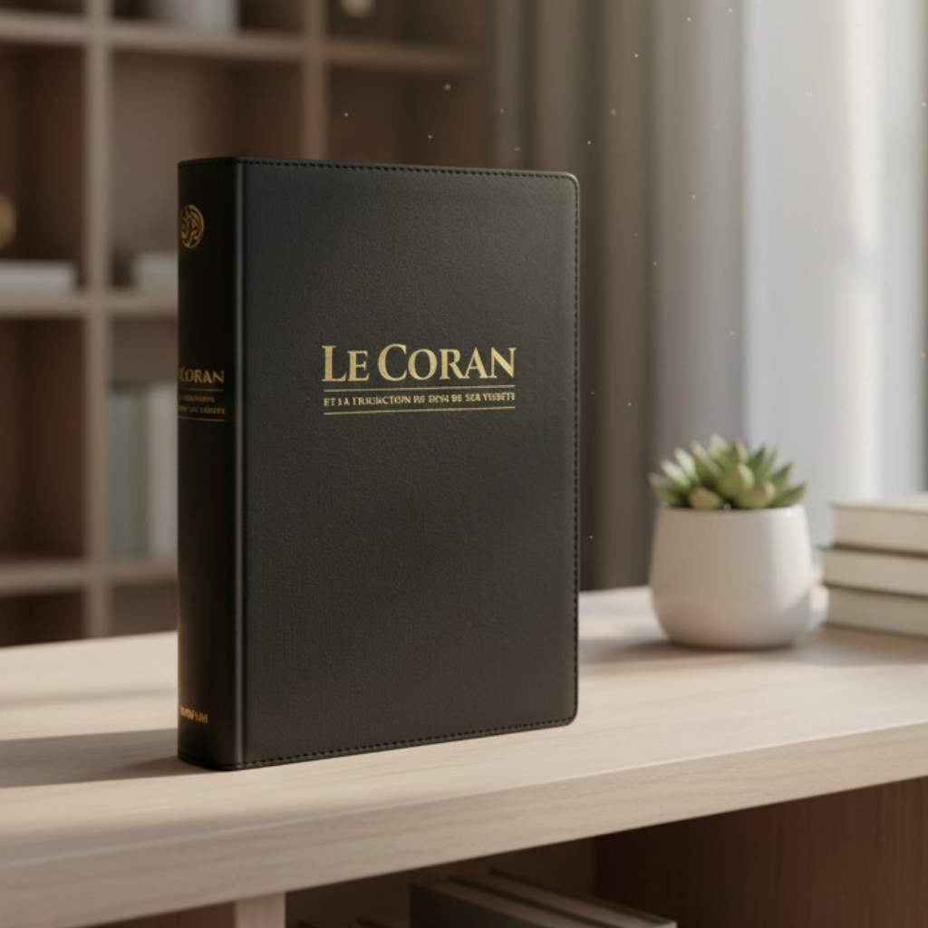 Mushraf Coran à couverture noire et dorée posé verticalement sur un bureau en bois clair, avec une bibliothèque floue en arrière-plan.