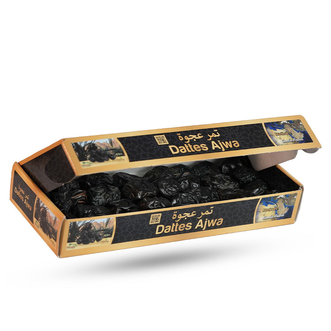 boite ouverte de dattes Ajwa 300g vue du dessus