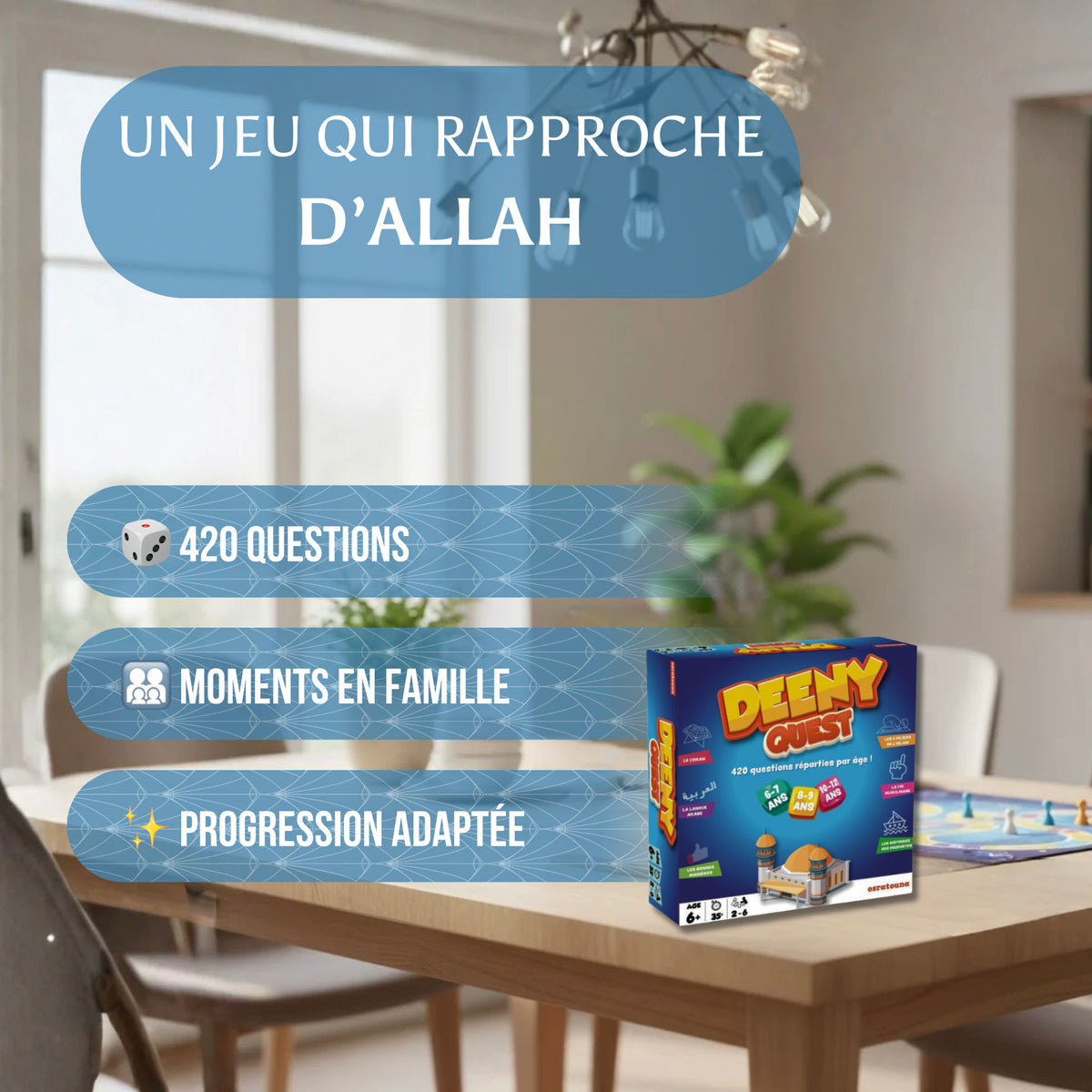Jeu de société islamique Deeny Quest pour toute la famille avec 420 questions éducatives sur l'Islam.