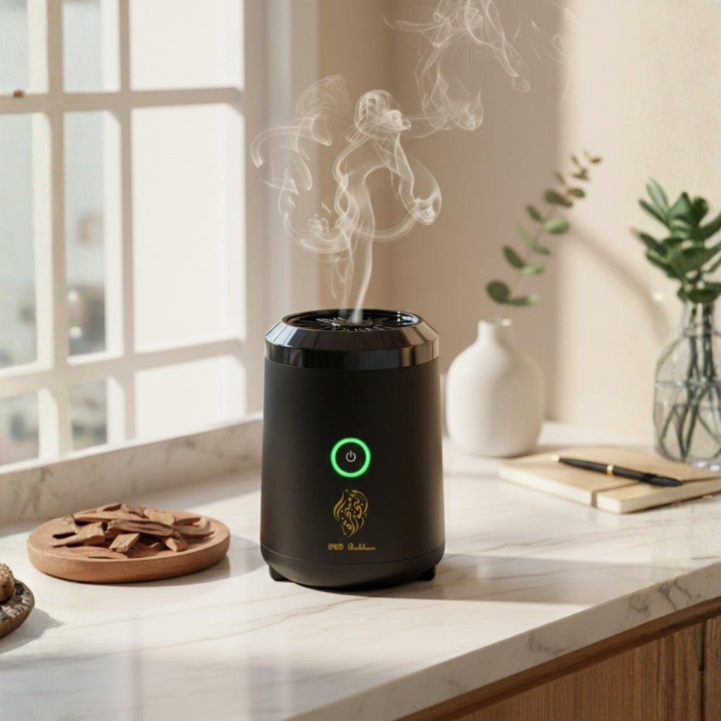Diffuseur d'encens et d'Oud électrique noir pour atmosphère sacrée, design élégant avec fumée parfumée pour ambiance raffinée posé un plan de travail
