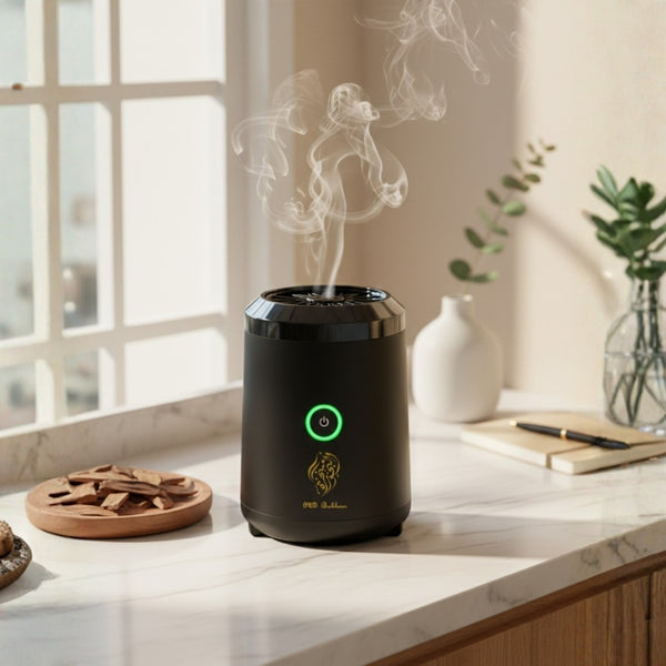 Diffuseur d'encens et d'Oud électrique noir pour atmosphère sacrée, design élégant avec fumée parfumée pour ambiance raffinée posé un plan de travail