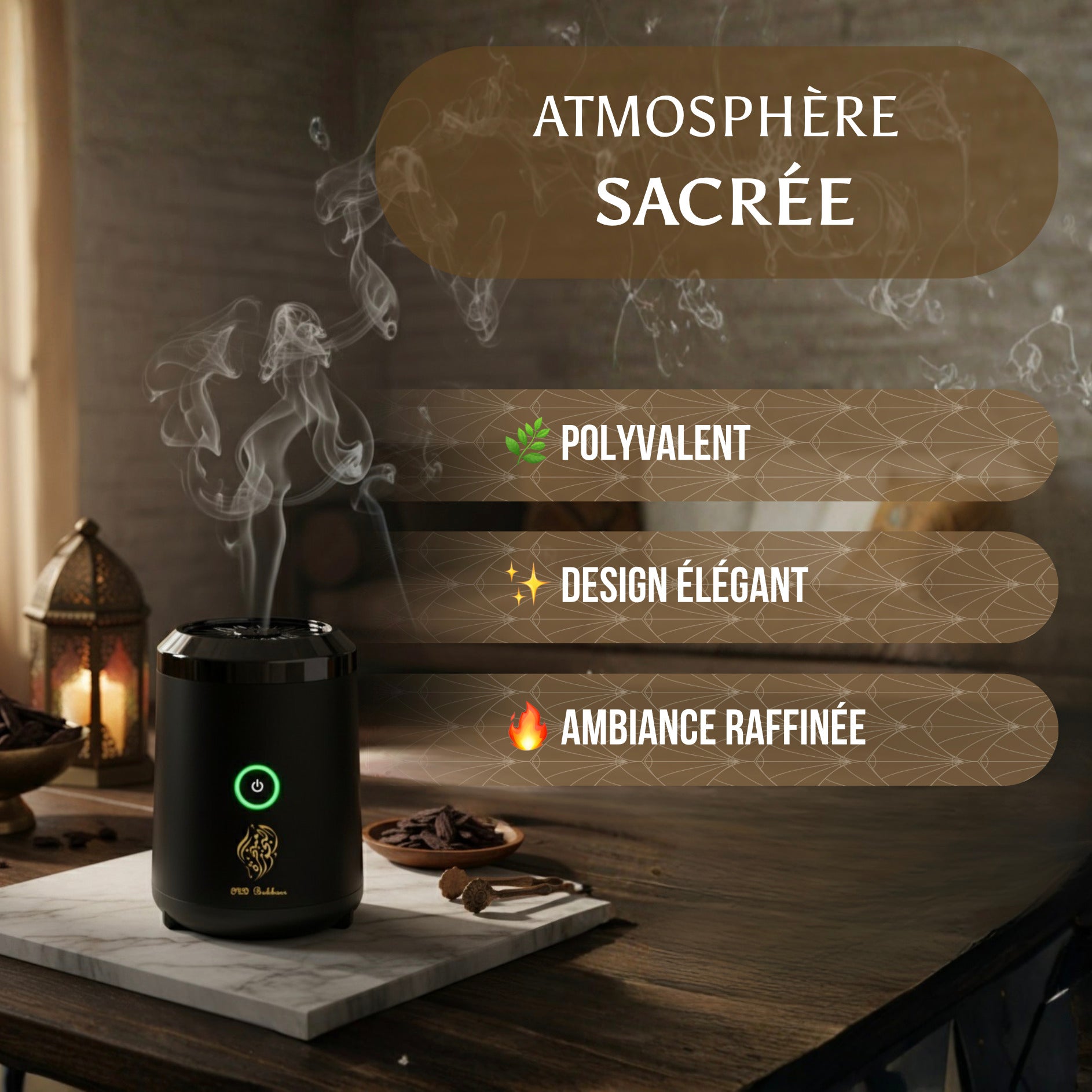 Diffuseur d'encens et d'Oud électrique noir pour atmosphère sacrée, design élégant avec fumée parfumée pour ambiance raffinée.