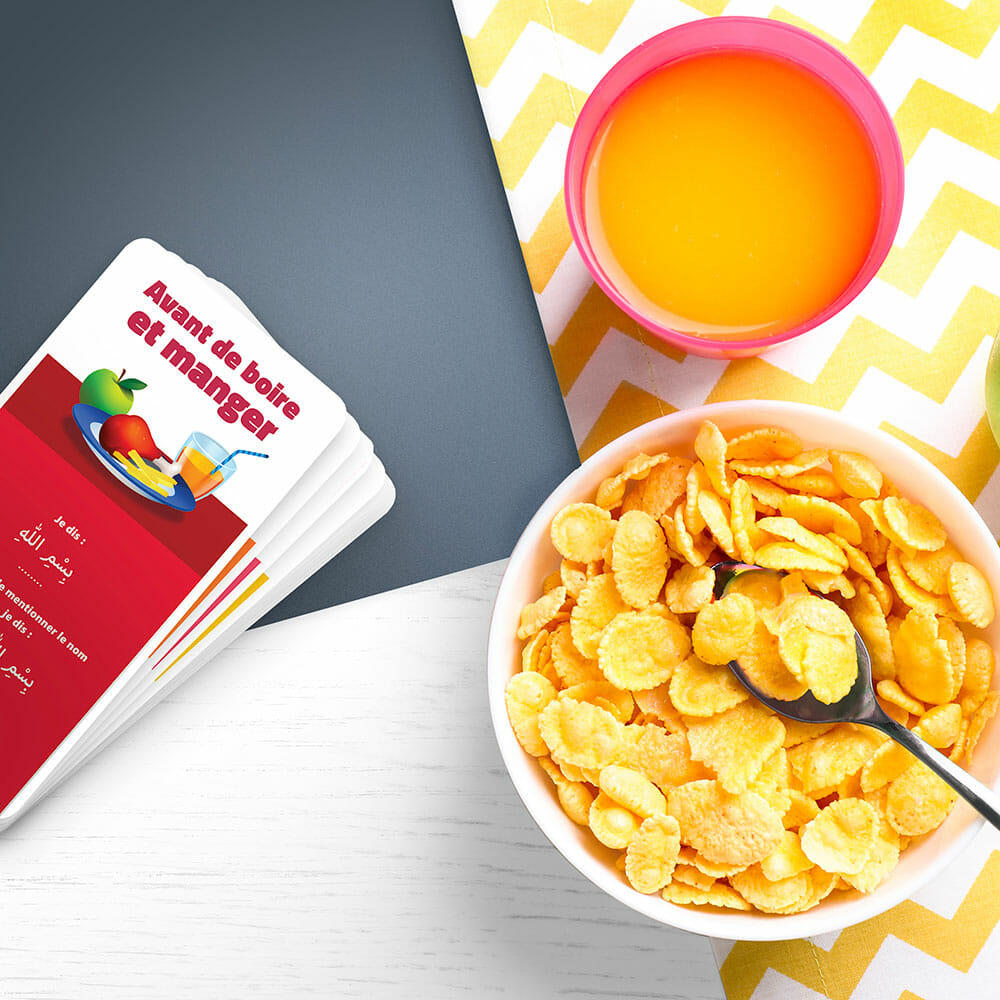 Exemple d'une carte d'invocation à dire avant de boire et manger d'Educatfal en arabe français et phonétique