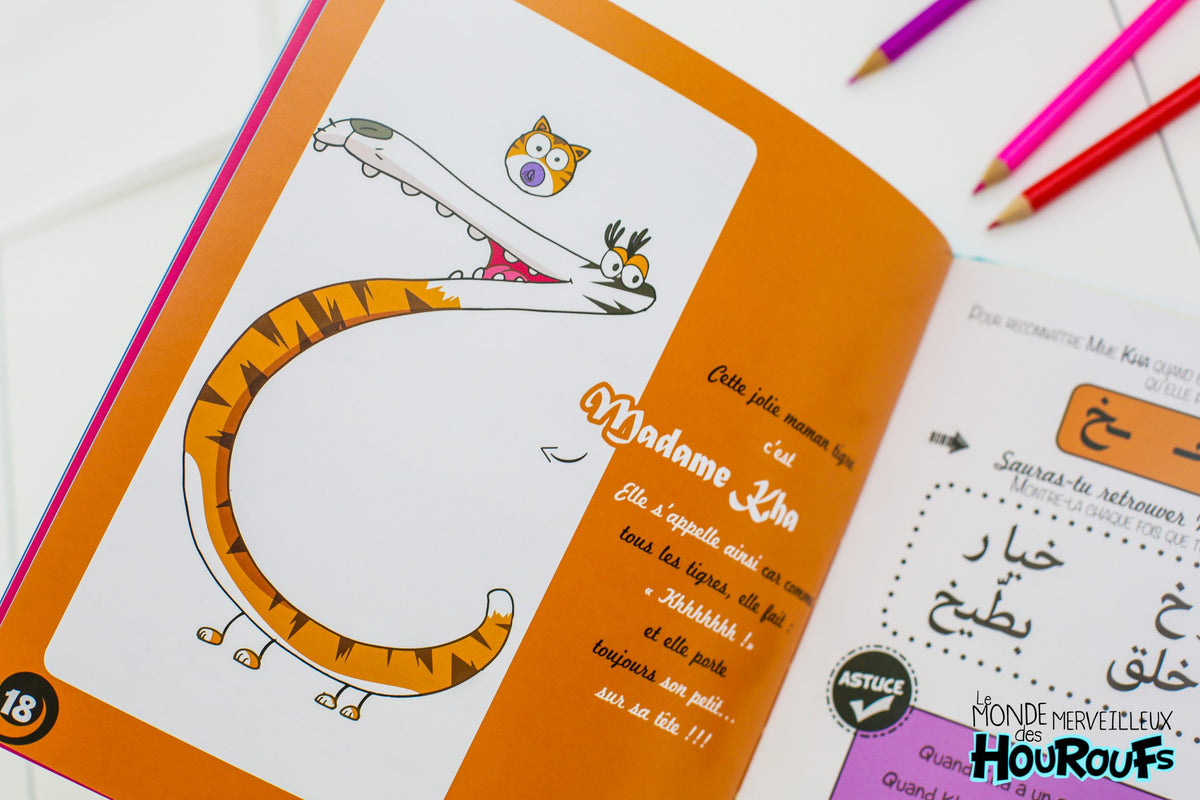 exemple d'une page sur l'apprentissage d'une lettre arabe du livre du livre "Le monde merveilleux des Houroufs" Tome 1