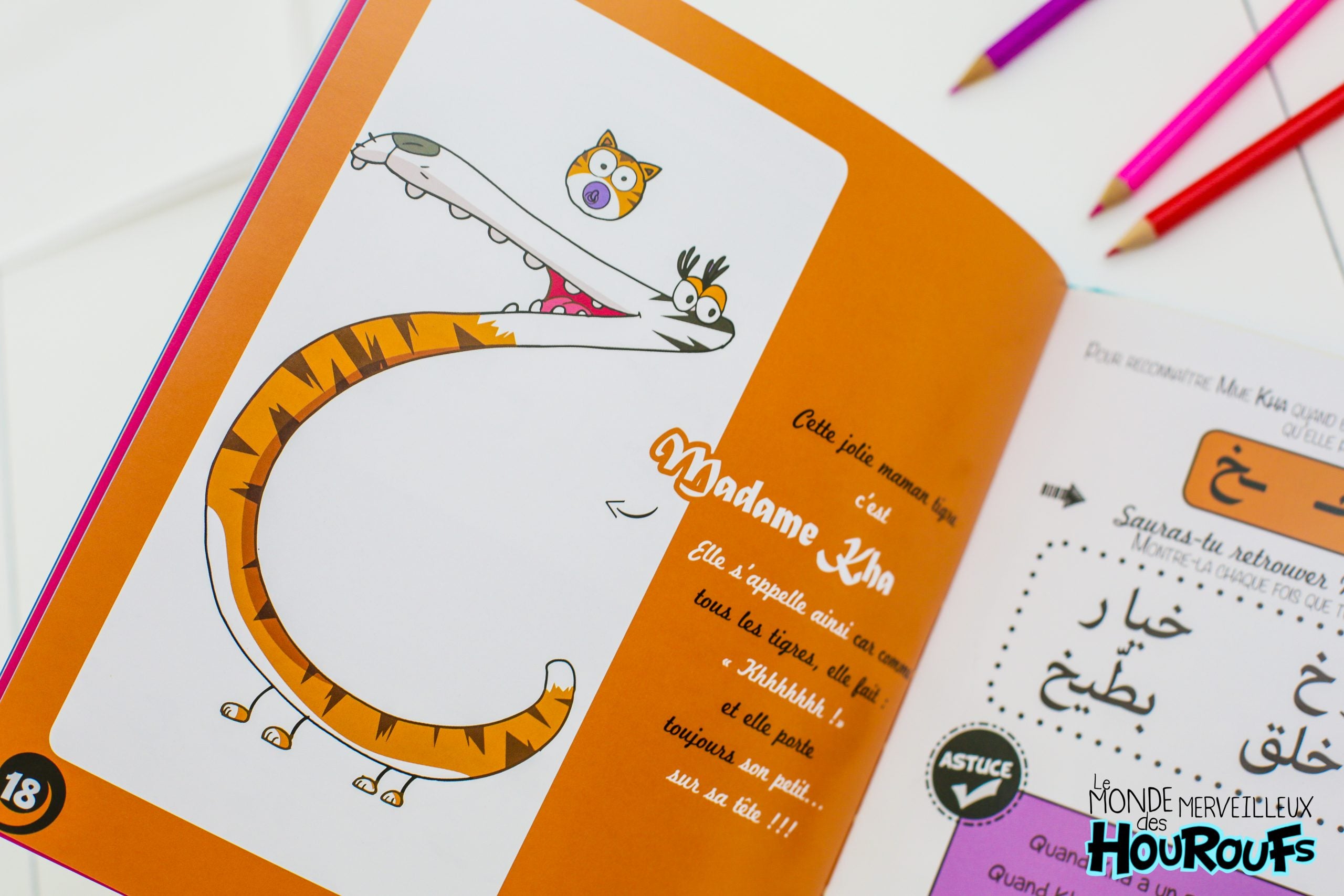 exemple d'une page sur l'apprentissage d'une lettre arabe du livre du livre "Le monde merveilleux des Houroufs" Tome 1