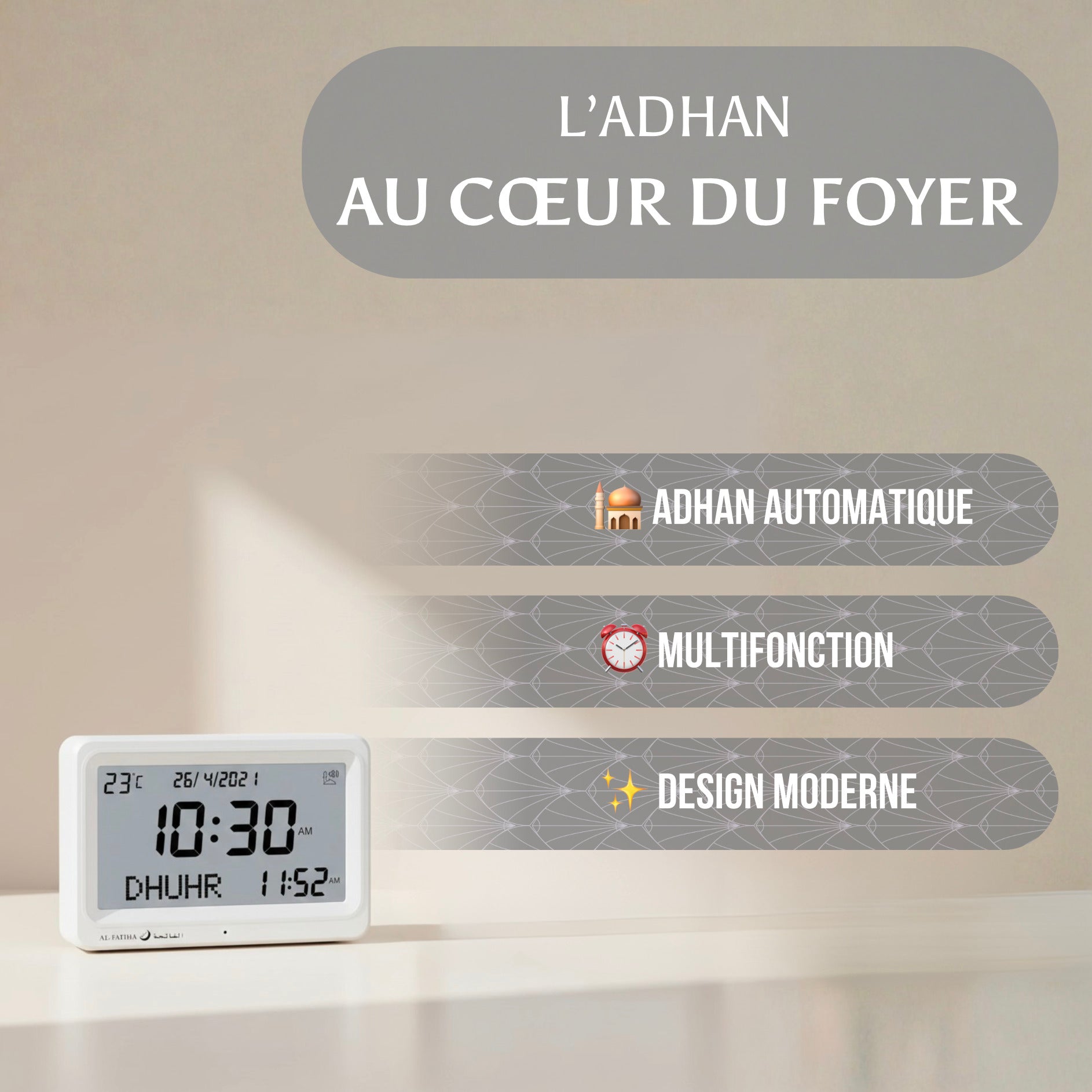 Horloge Adhan numérique moderne blanche avec rappel de prière automatique et affichage multifonction pour le foyer.