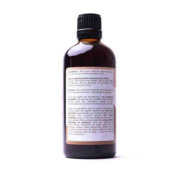 dos de la bouteille d'huile de nigelle