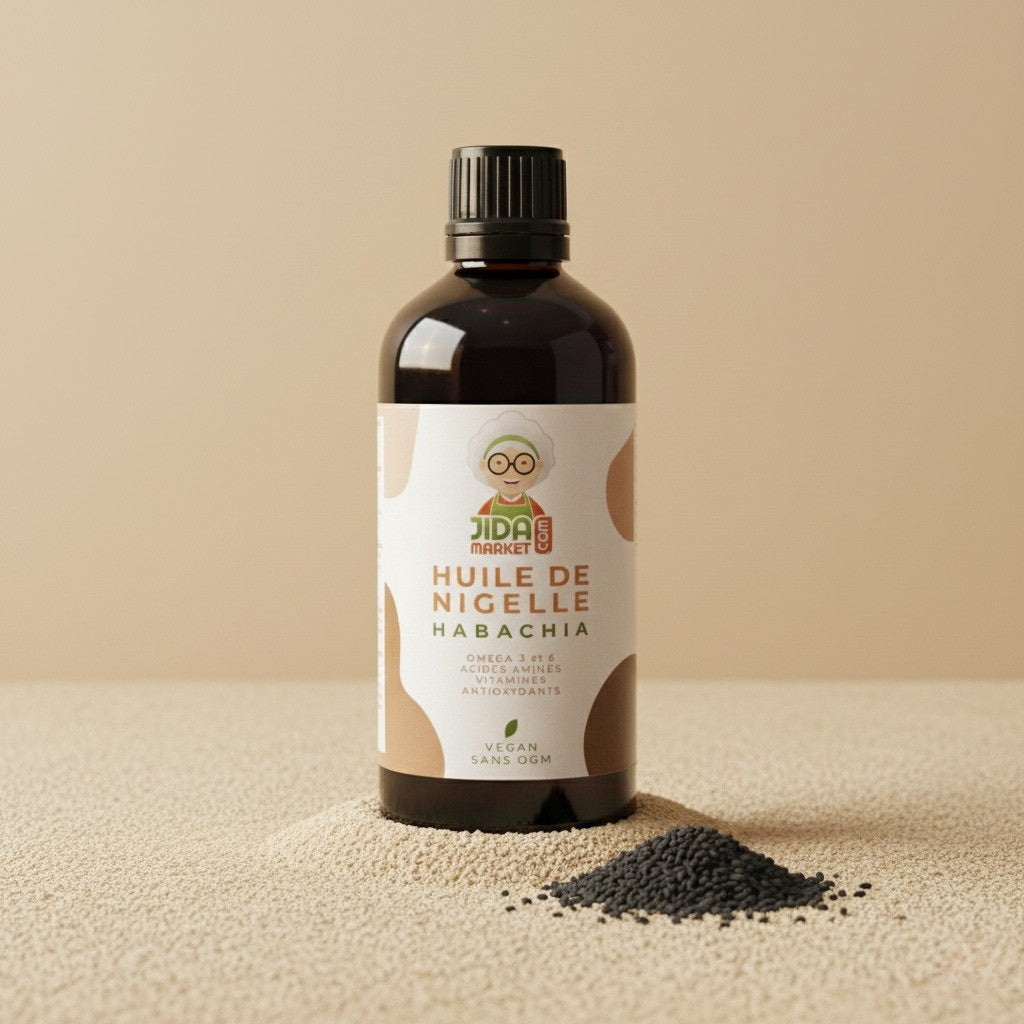 Bouteille d'huile de nigelle Habachia Jida Market 100% pure et vegan, riche en oméga 3 et 6, posée sur un lit de graines de nigelle.