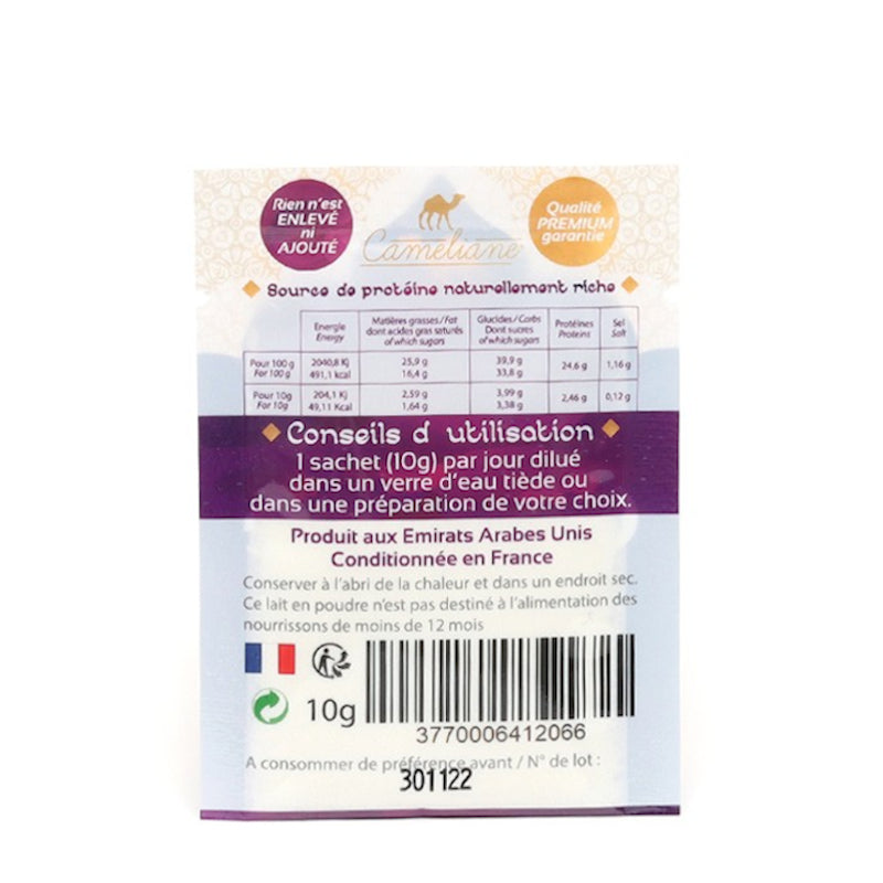 Arrière du sachet de 10g de lait de chamelle