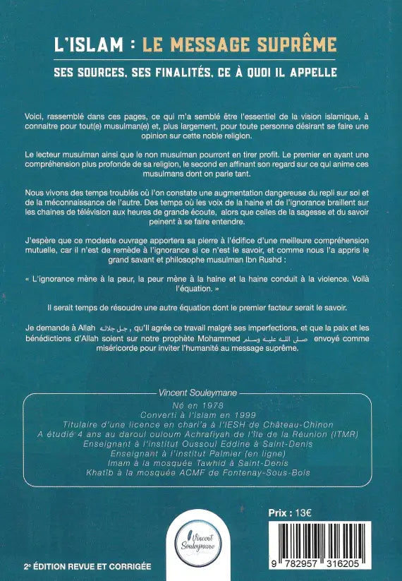 Quatrième de couverture du livre "L'islam le message suprême" de Vincent Souleymane