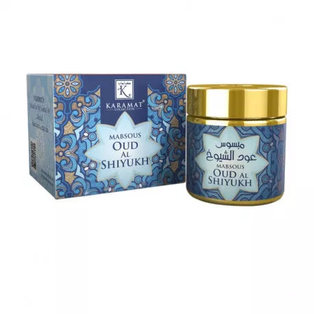 packaging et boîte de Bakour Oud Al Shiyukh bleues