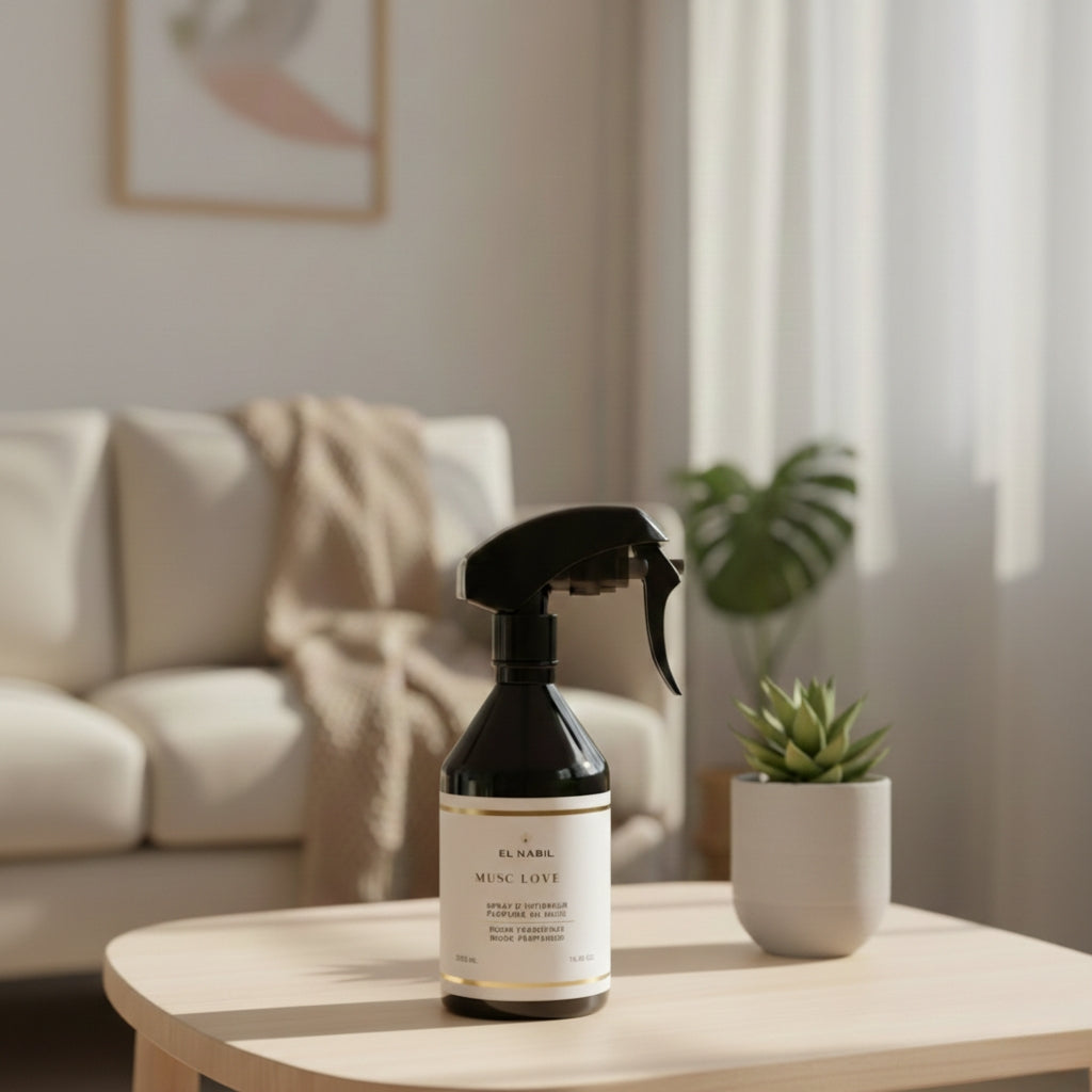Spray d'intérieur Musc Love par El Nabil Luxury Perfumes sur une table de salon, parfum d'ambiance frais et apaisant pour une atmosphère sereine au foyer.