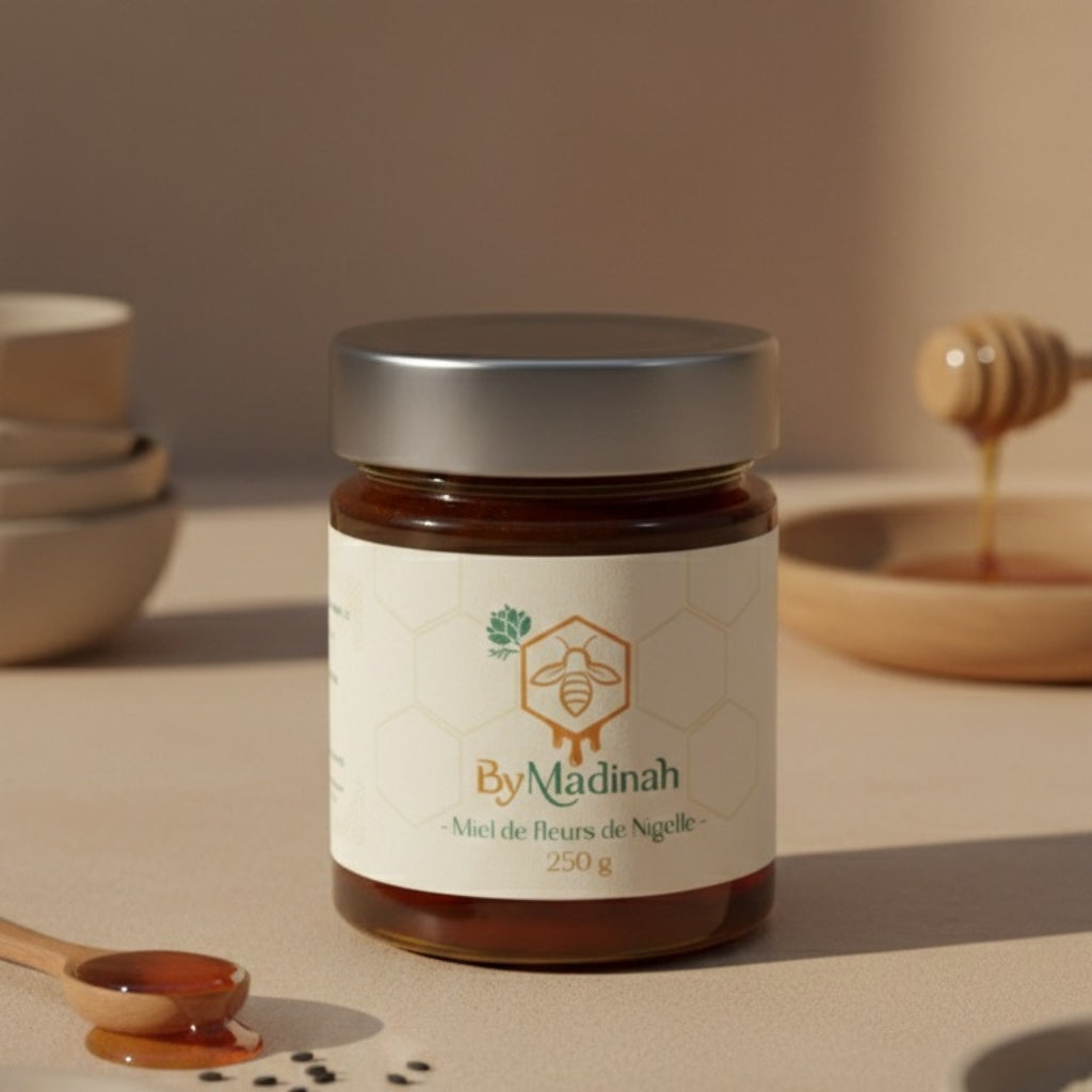 Pot de miel de nigelle de ByMadinah, remède naturel de la Sunnah aux multiples bienfaits.