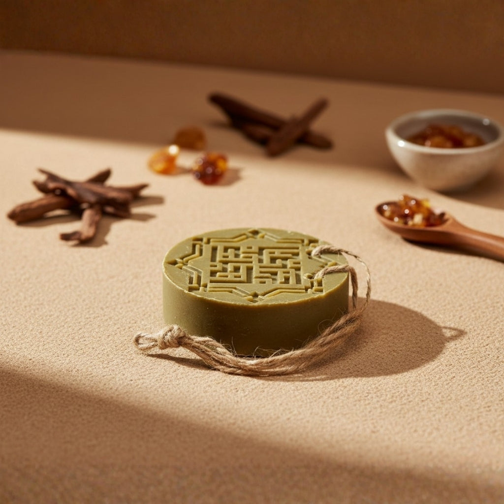 savon ambre et oud d'Alep avec décor avec du Oud et de l'ambre posé
