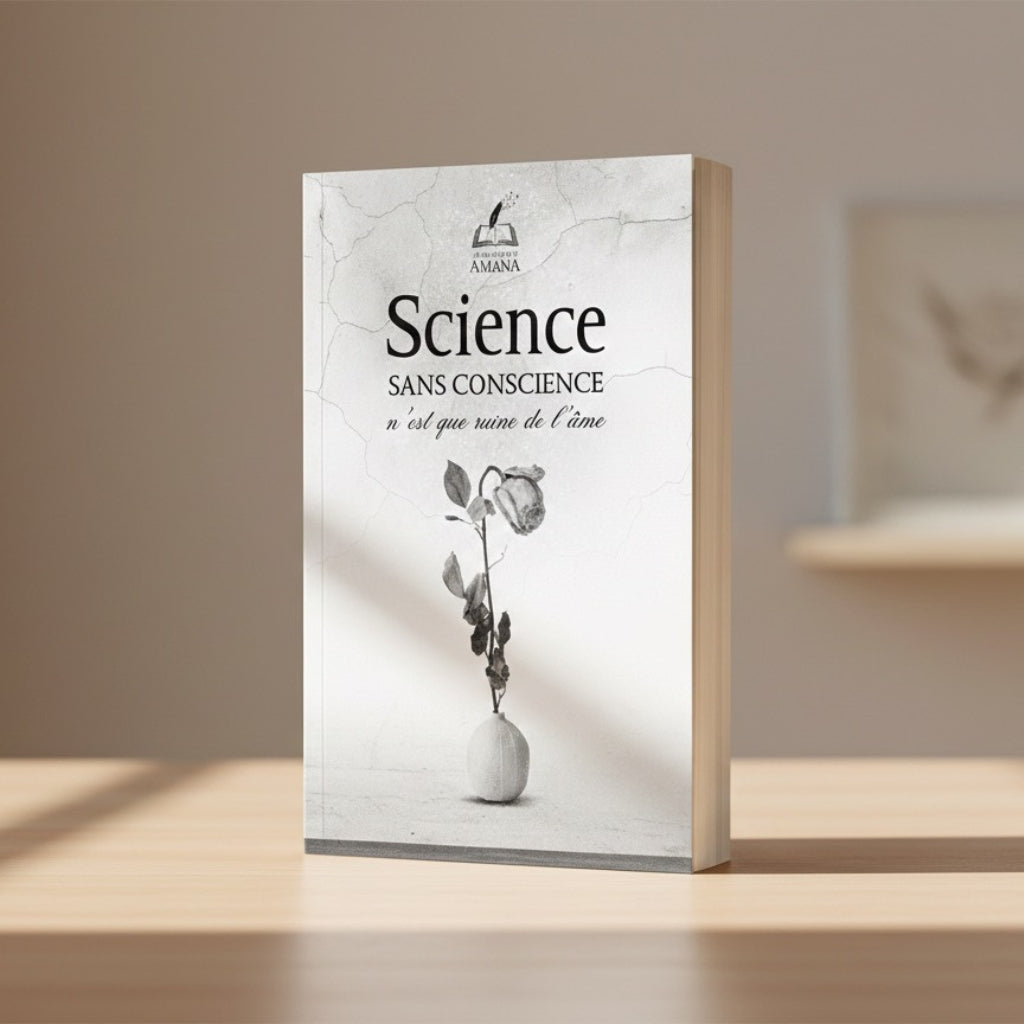 livre "Science sans conscience n'est que ruine de l'âme" de l'institut Amana, posé debout sur une table.